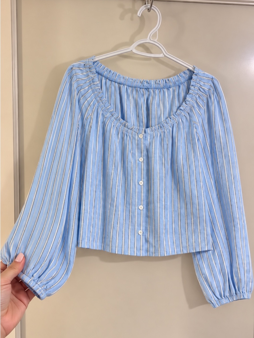 Baby Blue Stripe Button-Front Blouse Women Top XL